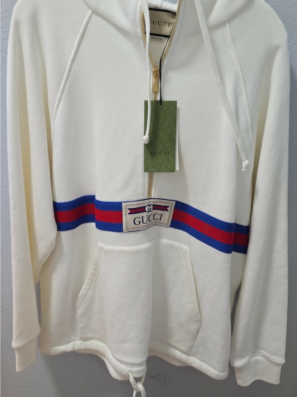 Gucci Cream Hooded Zip Sweater with Blue & Red Stripe